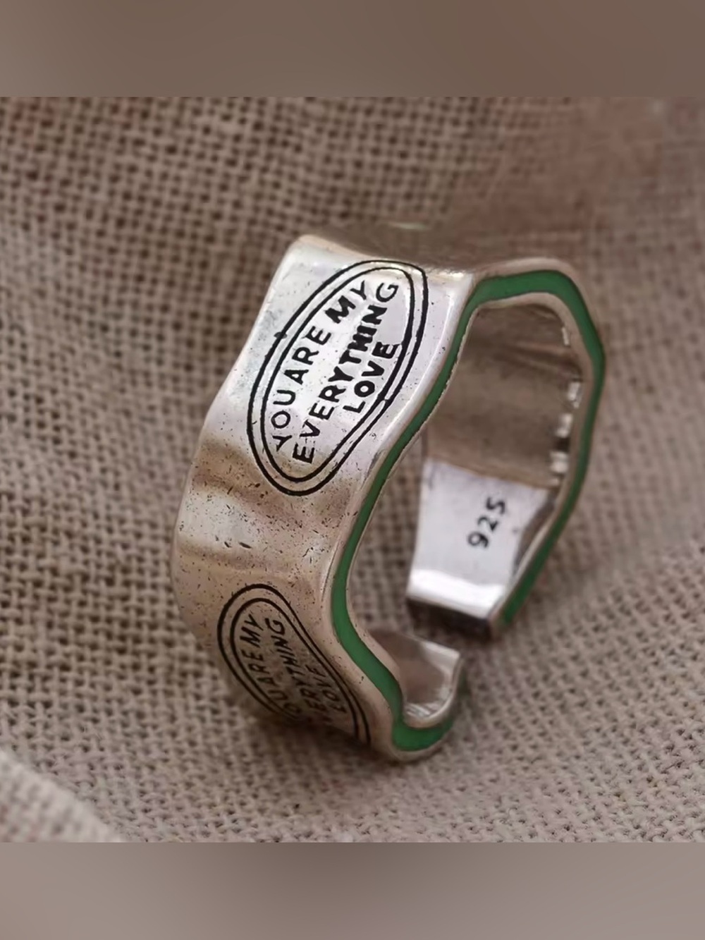 New Arrival Elegant Letter Carving Green Stripe Design Retro Thai Silver